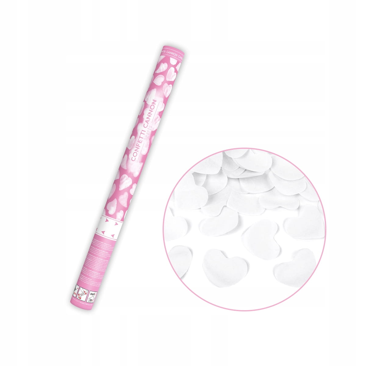 Tuba strzelająca konfetti bibułowe serca białe 60 cm
