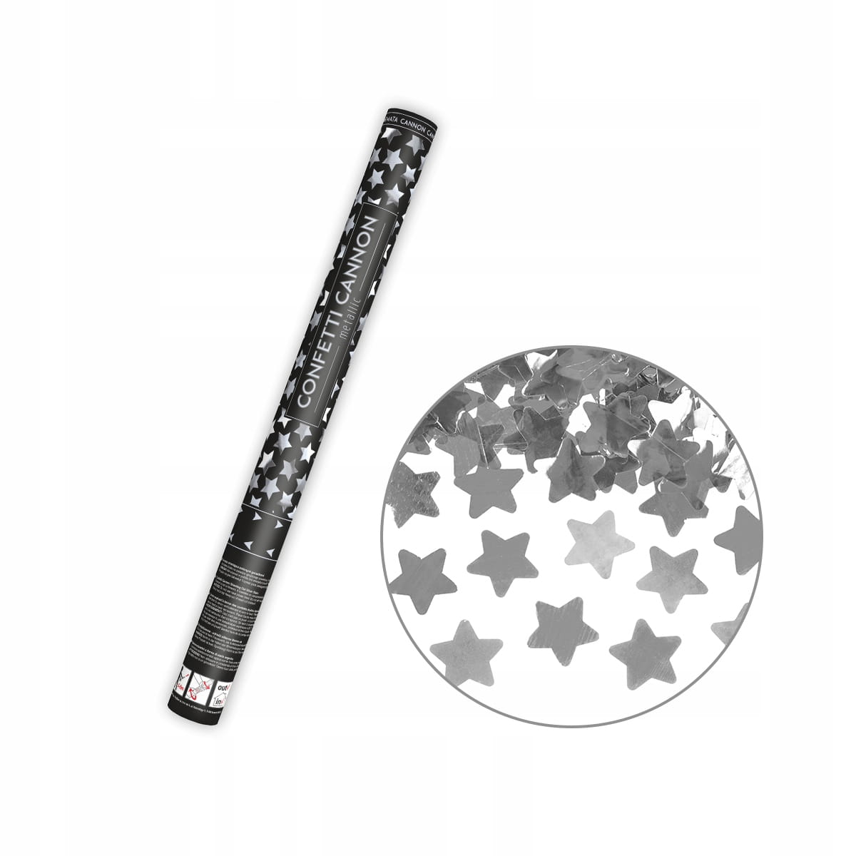 Tuba strzelająca konfetti srebrne gwiazdki 60 cm