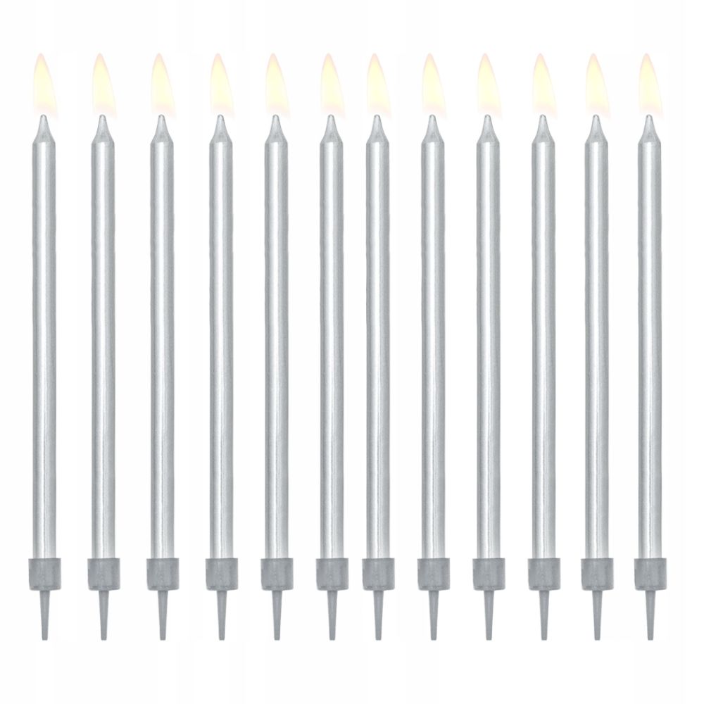 Świeczki urodzinowe długie srebrne 12 sztuk