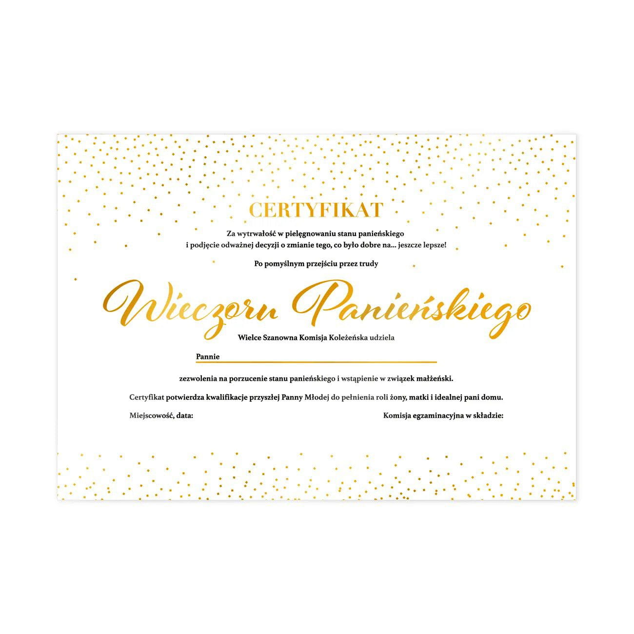 Certyfikat na wieczór panieński złoty