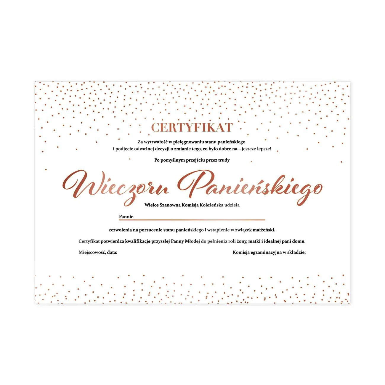 Certyfikat na wieczór panieński złoty róż