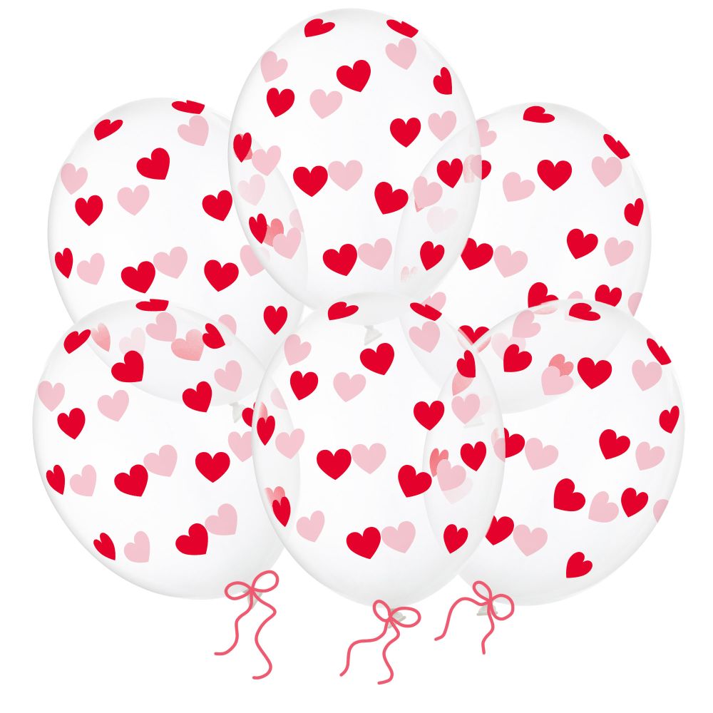 Balony transparentne w czerwone serduszka 30 cm 6 szt