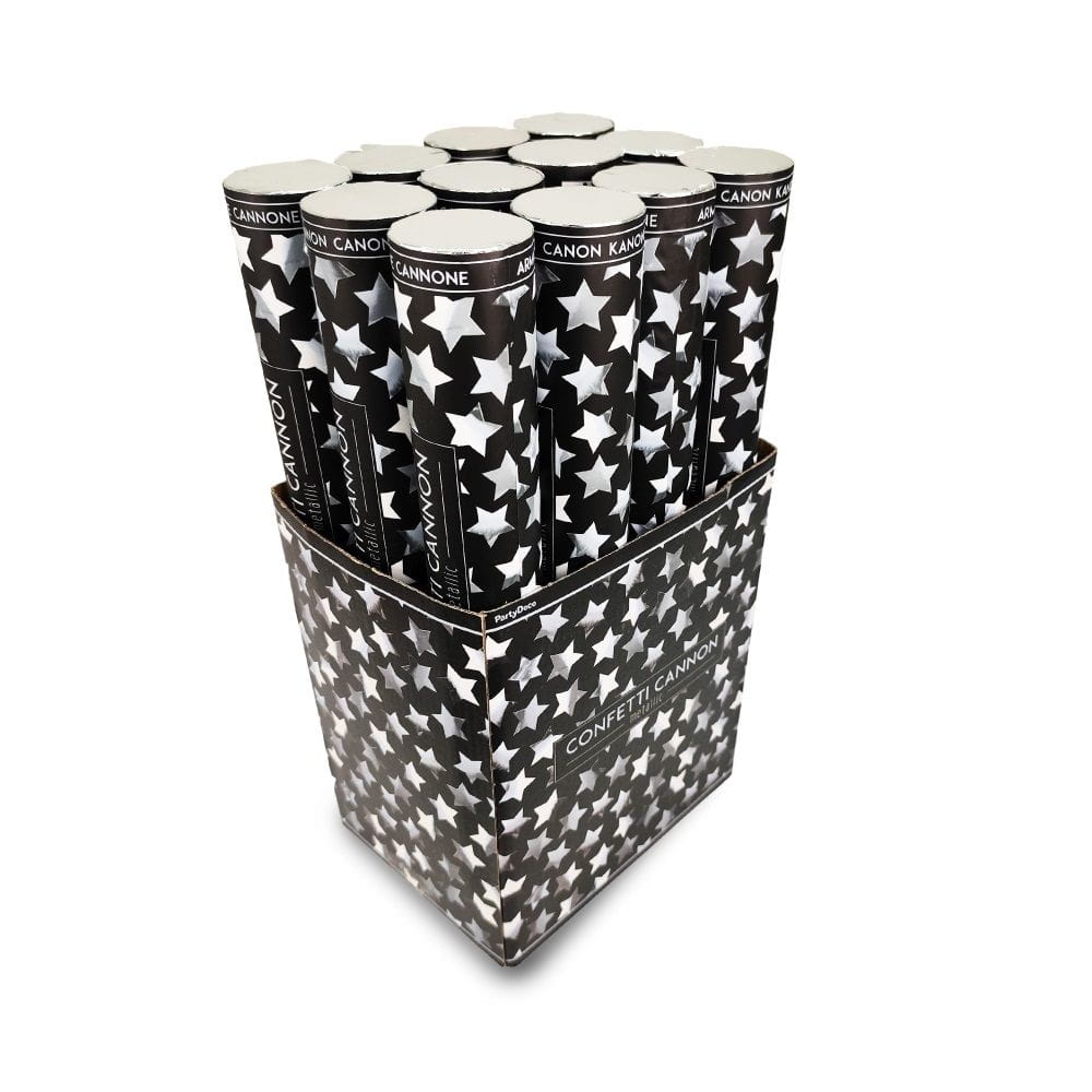 Tuby strzelające konfetti srebrne gwiazdki 40 cm 72 szt